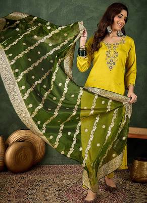 Viscose rayon parrot green casual wear embroidery work kurta set 2