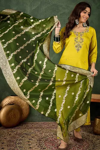 Viscose rayon parrot green casual wear embroidery work kurta set
