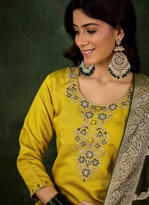 Viscose rayon parrot green casual wear embroidery work kurta set 3