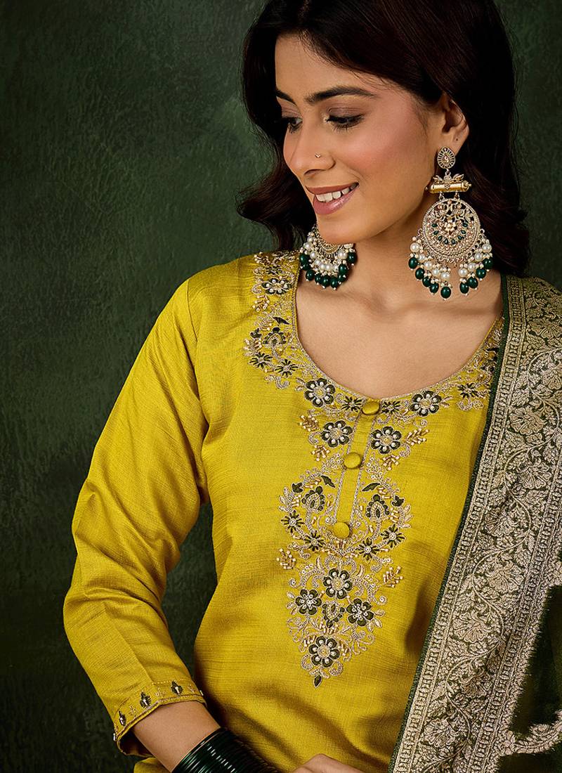 Viscose rayon parrot green casual wear embroidery work kurta set