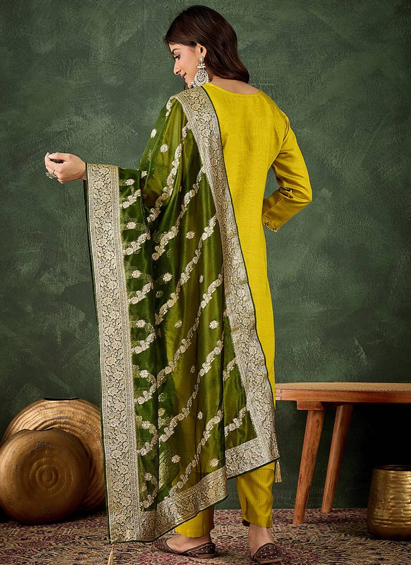 Viscose rayon parrot green casual wear embroidery work kurta set