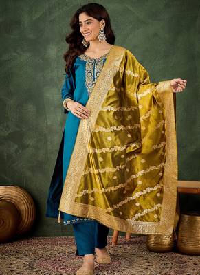 Viscose rayon navy blue casual wear embroidery work kurta set 1