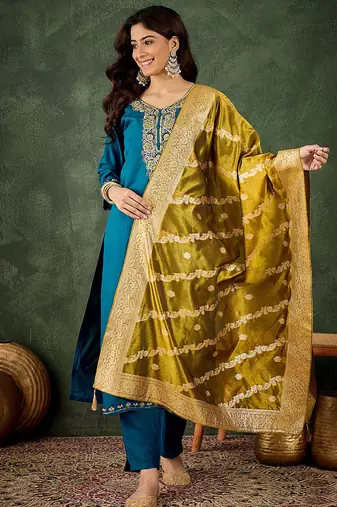 Viscose rayon navy blue casual wear embroidery work kurta set