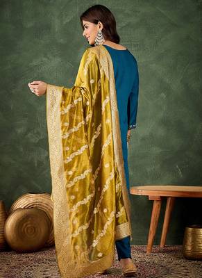 Viscose rayon navy blue casual wear embroidery work kurta set 3