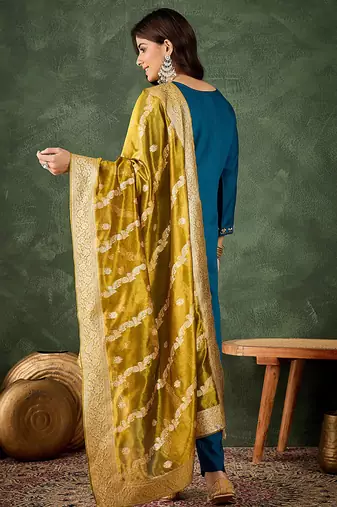 Viscose rayon navy blue casual wear embroidery work kurta set