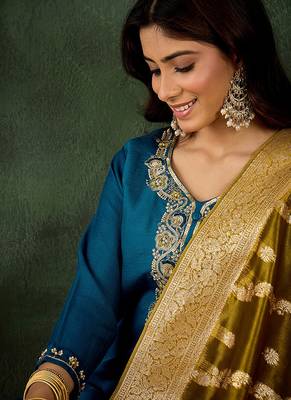 Viscose rayon navy blue casual wear embroidery work kurta set 4