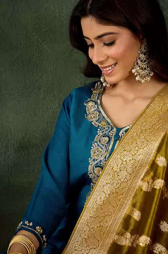 Viscose rayon navy blue casual wear embroidery work kurta set