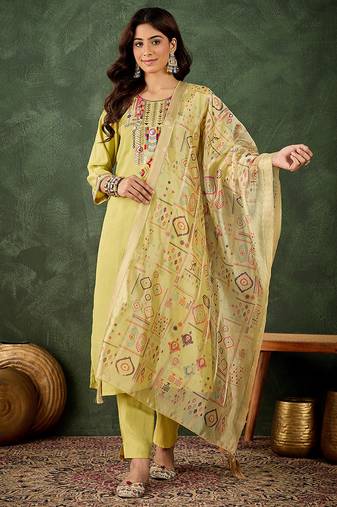 Silk blend light yellow casual wear embroidery work kurta set