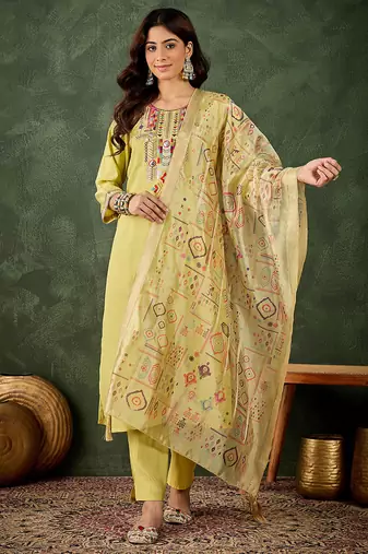 Silk blend light yellow casual wear embroidery work kurta set