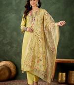 Silk blend light yellow casual wear embroidery work kurta set