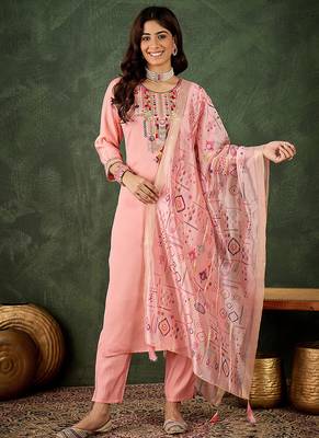 Silk blend baby pink casual wear embroidery work kurta set 1