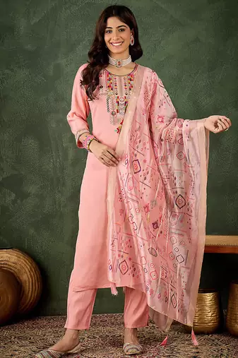 Silk blend baby pink casual wear embroidery work kurta set