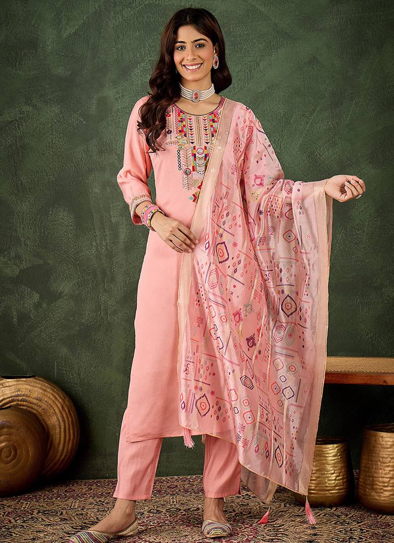 Silk blend baby pink casual wear embroidery work kurta set