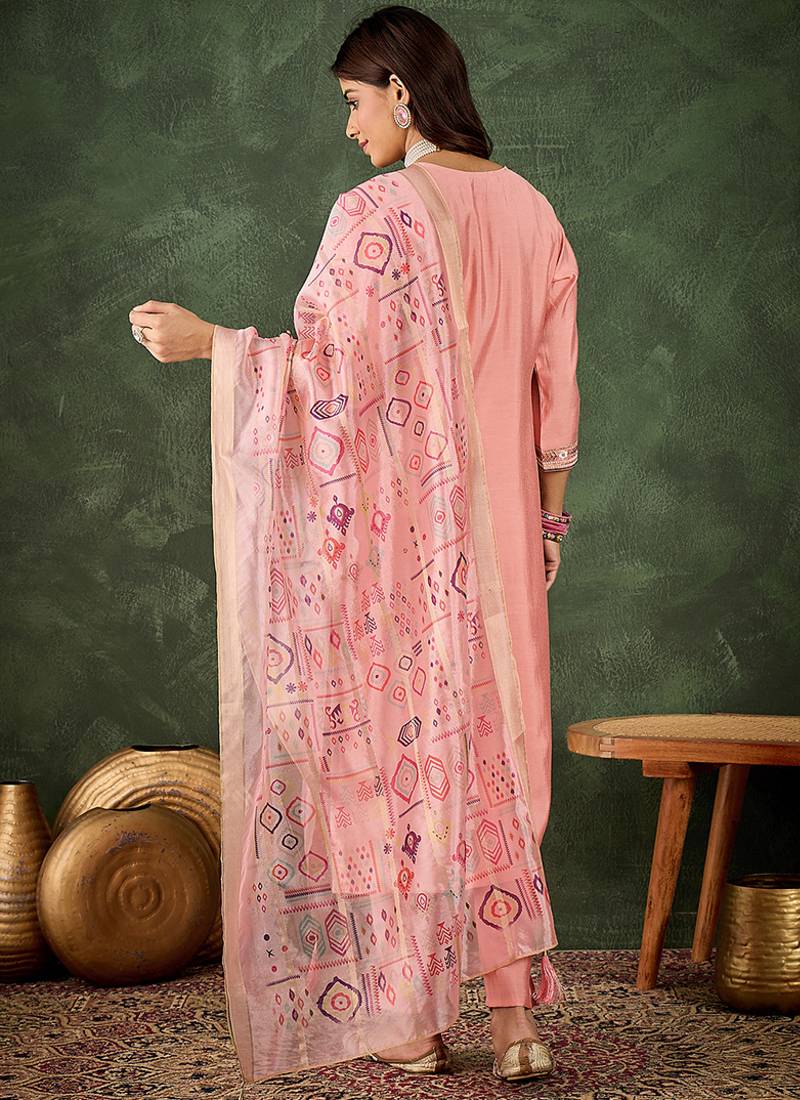 Silk blend baby pink casual wear embroidery work kurta set