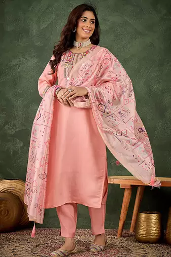 Silk blend baby pink casual wear embroidery work kurta set