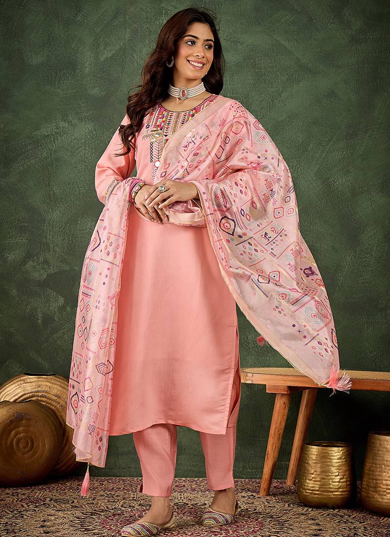 Silk blend baby pink casual wear embroidery work kurta set