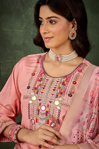 Silk blend baby pink casual wear embroidery work kurta set