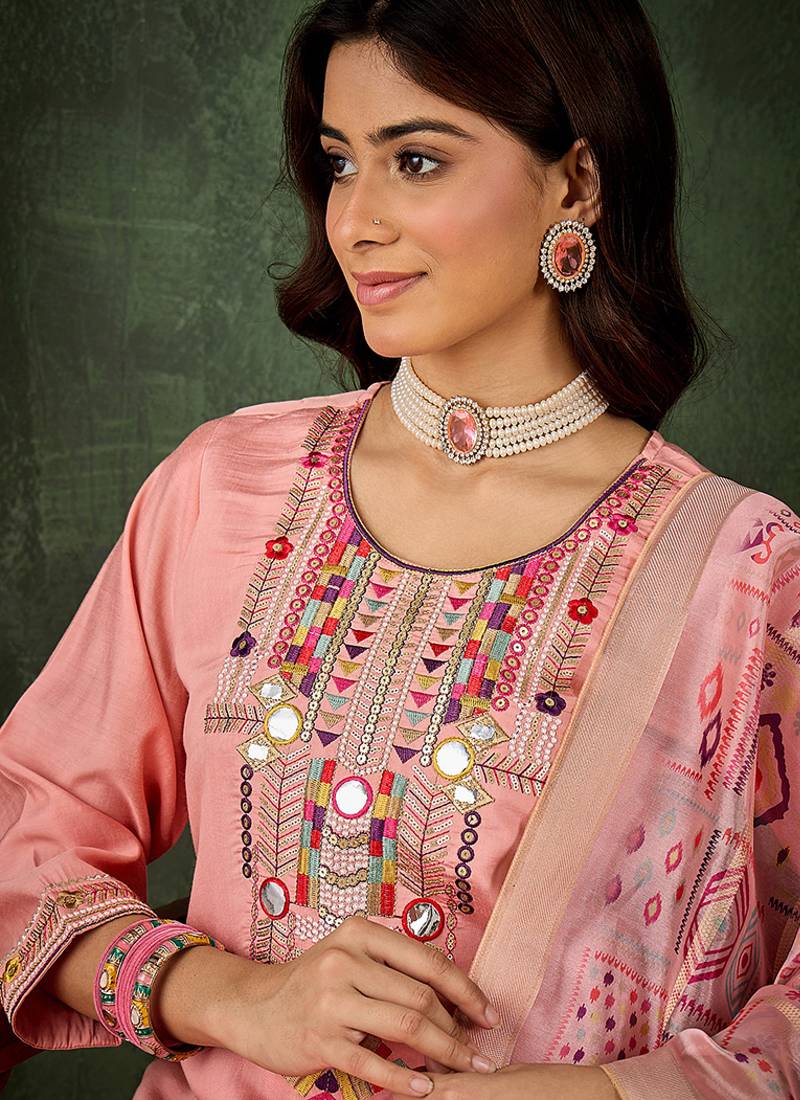 Silk blend baby pink casual wear embroidery work kurta set