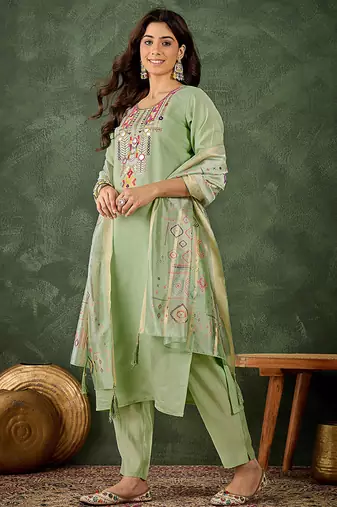 Silk blend pista casual wear embroidery work kurta set