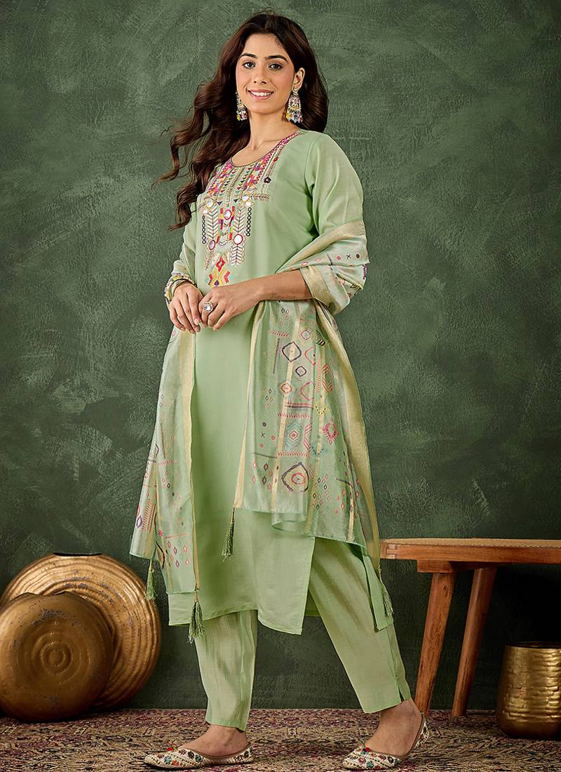Silk blend pista casual wear embroidery work kurta set