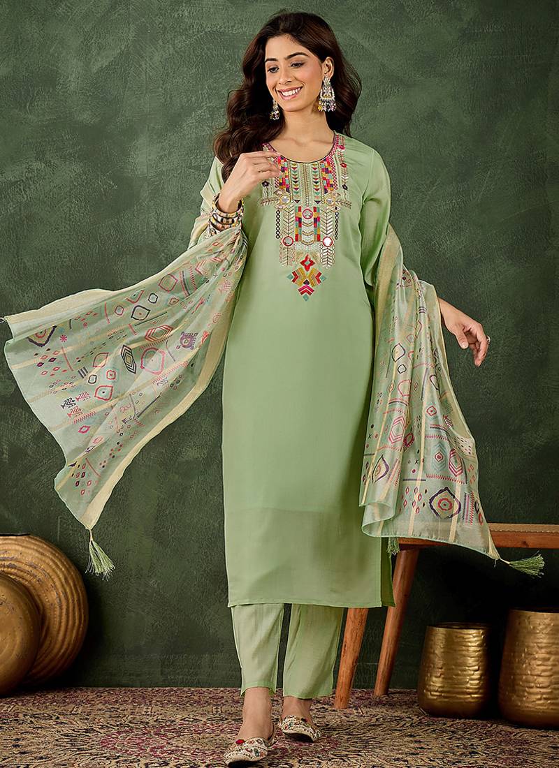 Silk blend pista casual wear embroidery work kurta set