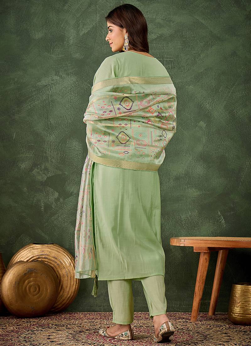 Silk blend pista casual wear embroidery work kurta set