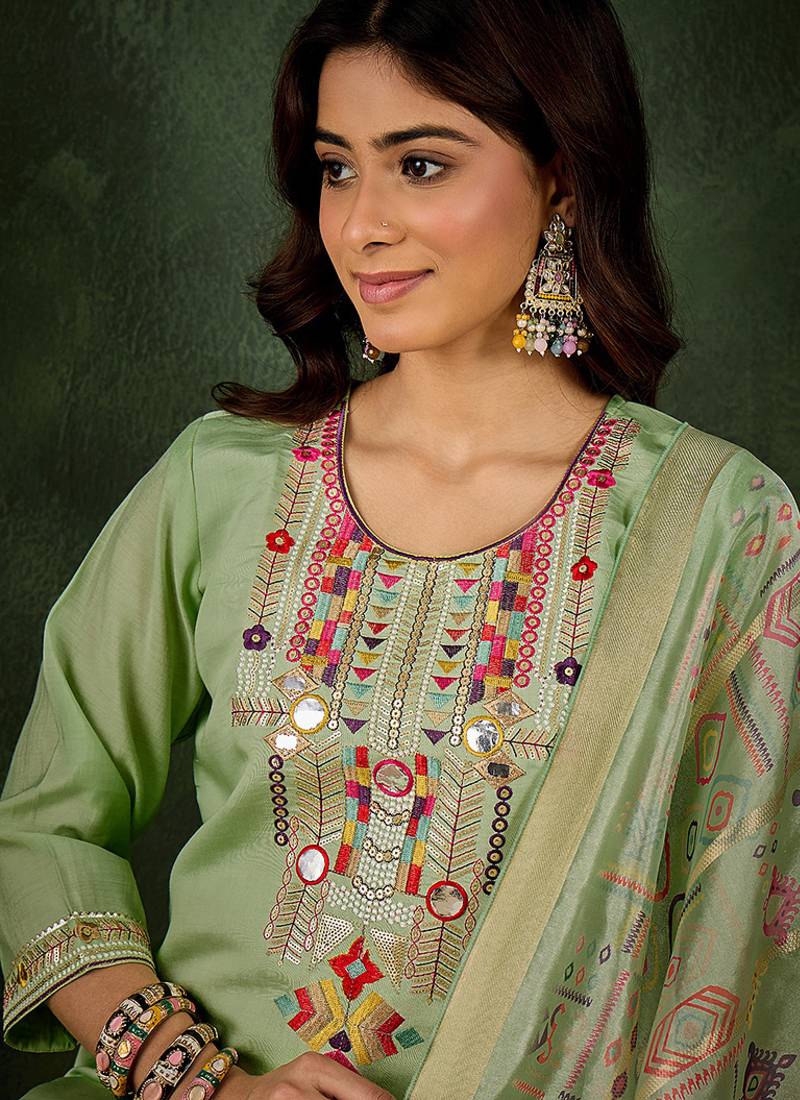 Silk blend pista casual wear embroidery work kurta set