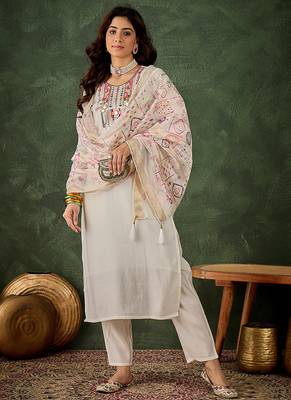 Silk blend white casual wear embroidery work kurta set 1