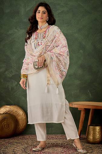 Silk blend white casual wear embroidery work kurta set