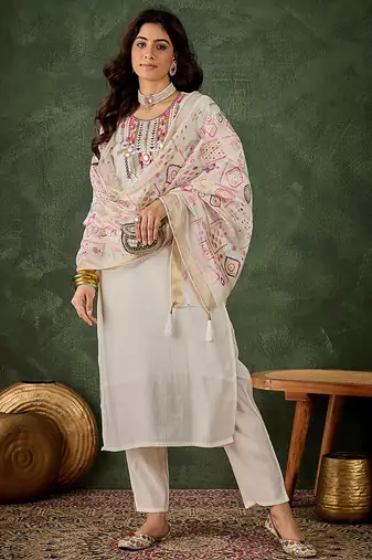 Silk blend white casual wear embroidery work kurta set