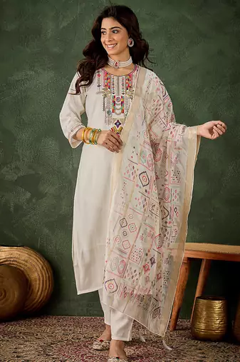 Silk blend white casual wear embroidery work kurta set