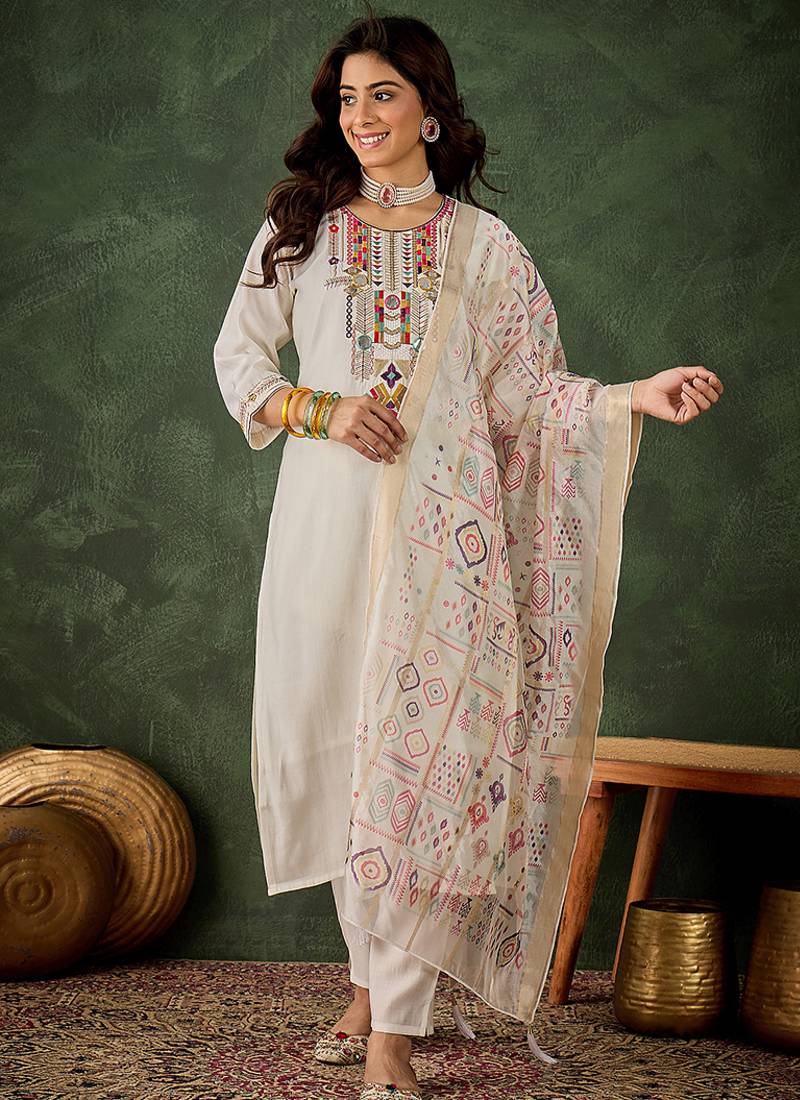 Silk blend white casual wear embroidery work kurta set