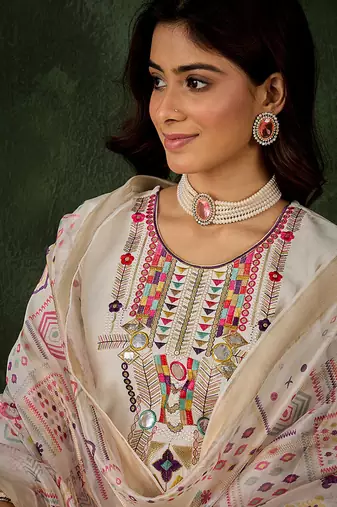 Silk blend white casual wear embroidery work kurta set