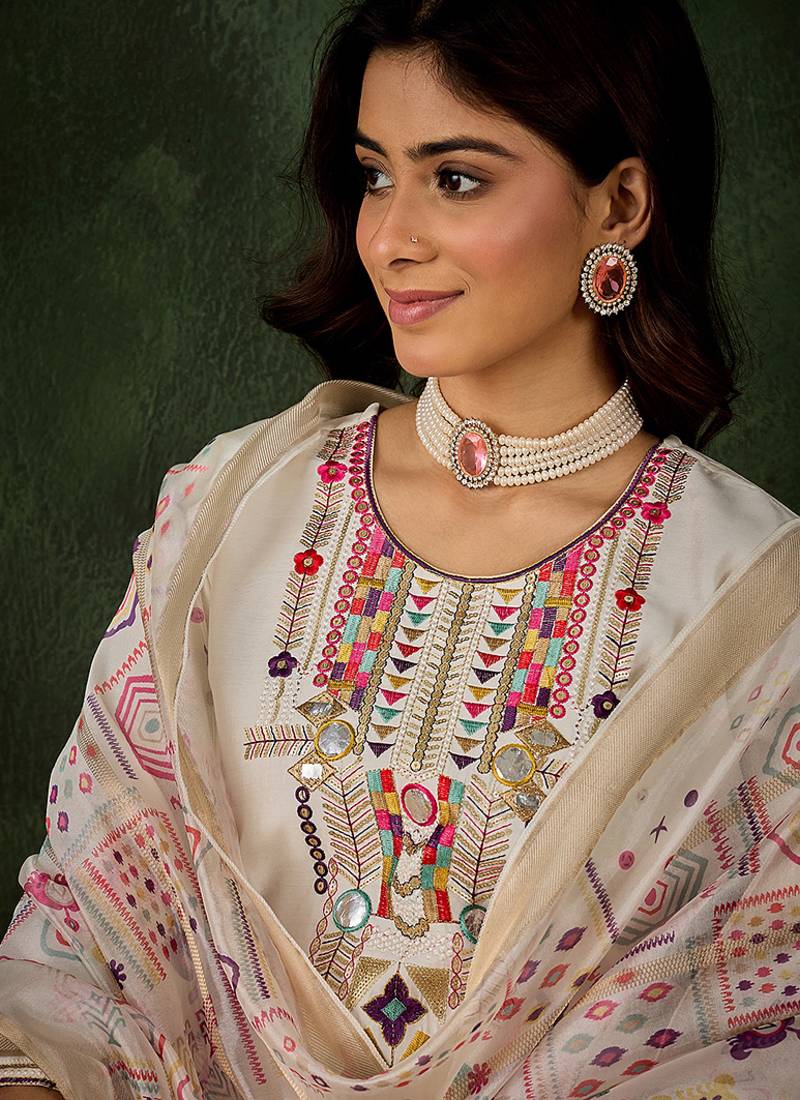 Silk blend white casual wear embroidery work kurta set