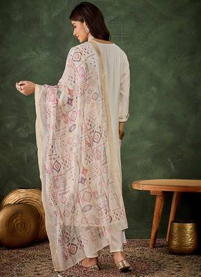Silk blend white casual wear embroidery work kurta set 4