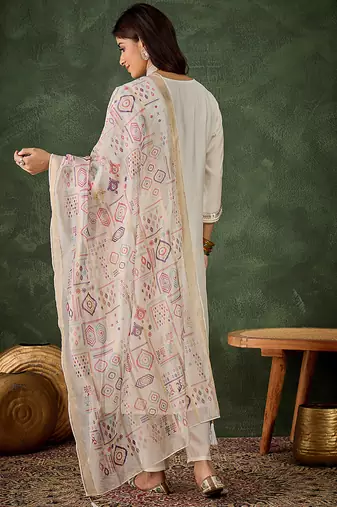 Silk blend white casual wear embroidery work kurta set