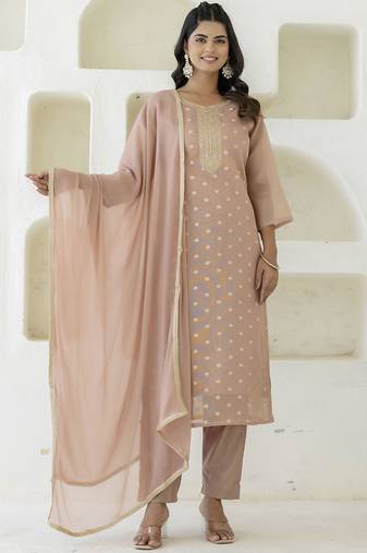 Chanderi silk peach casual wear embroidery work kurta set