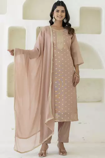 Chanderi silk peach casual wear embroidery work kurta set