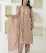 Chanderi silk peach casual wear embroidery work kurta set