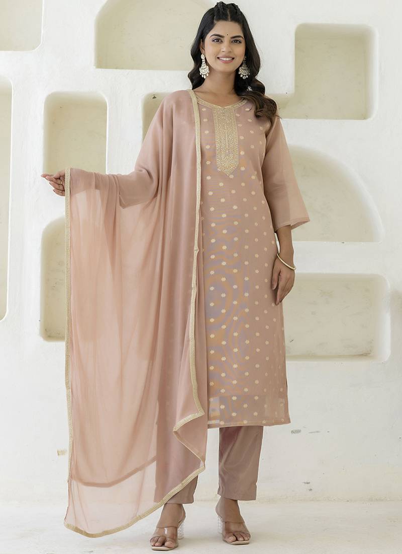 Chanderi silk peach casual wear embroidery work kurta set