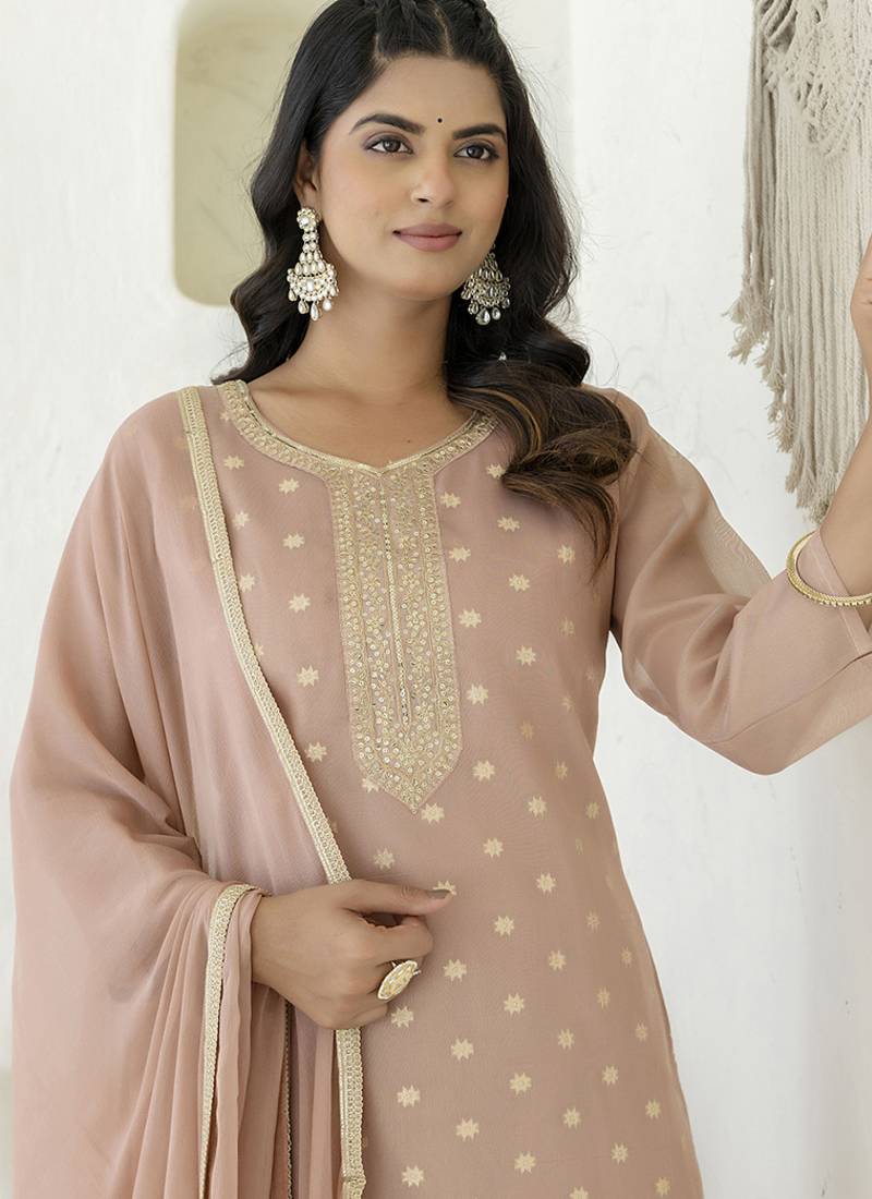 Chanderi silk peach casual wear embroidery work kurta set