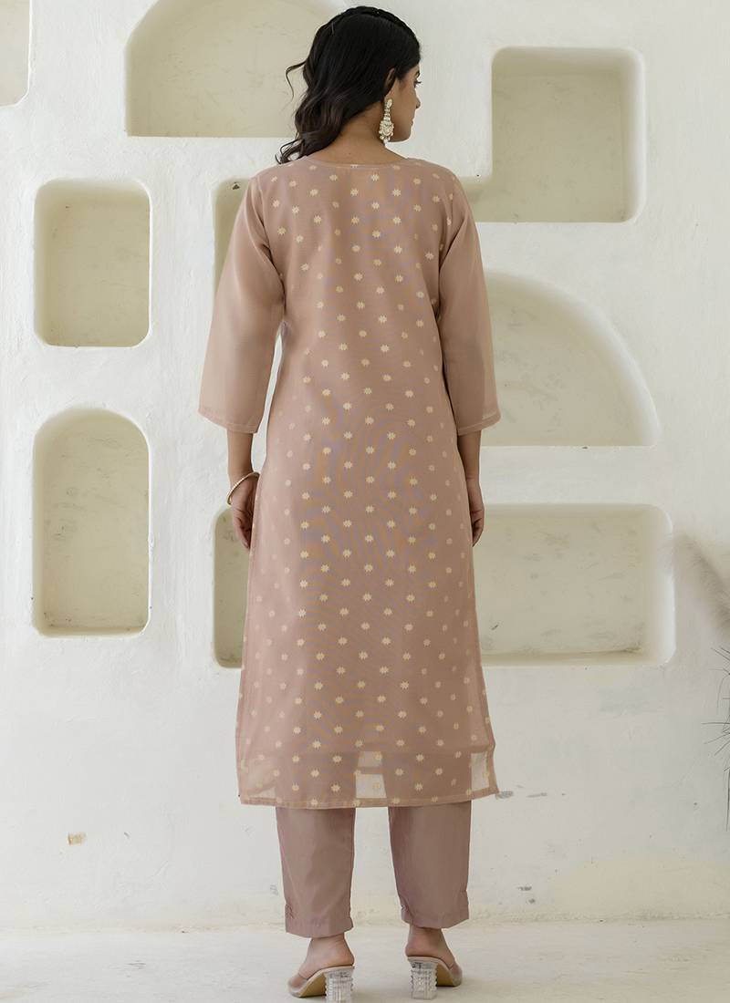 Chanderi silk peach casual wear embroidery work kurta set