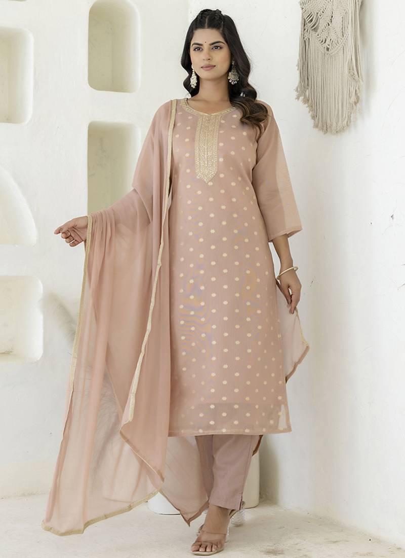 Chanderi silk peach casual wear embroidery work kurta set