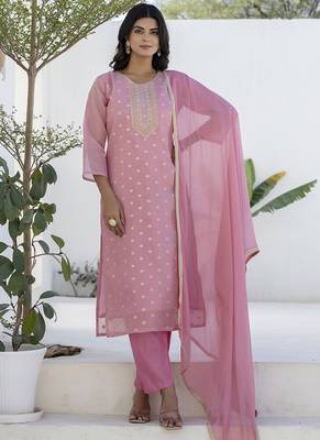 Chanderi silk pink casual wear embroidery work kurta set 1