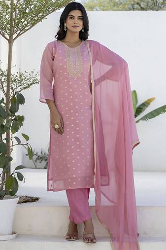 Chanderi silk pink casual wear embroidery work kurta set