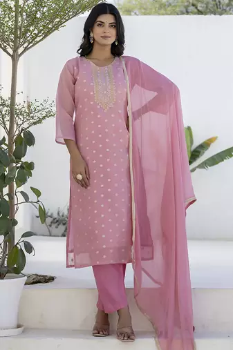 Chanderi silk pink casual wear embroidery work kurta set