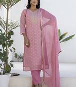 Chanderi silk pink casual wear embroidery work kurta set