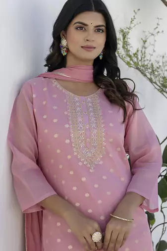 Chanderi silk pink casual wear embroidery work kurta set