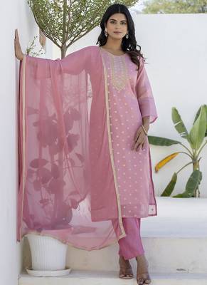 Chanderi silk pink casual wear embroidery work kurta set 3
