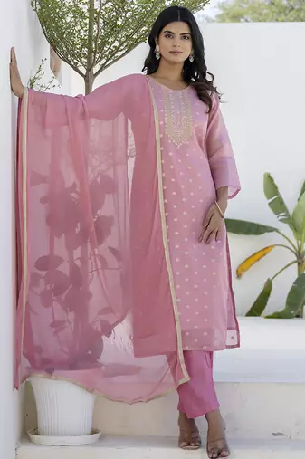 Chanderi silk pink casual wear embroidery work kurta set